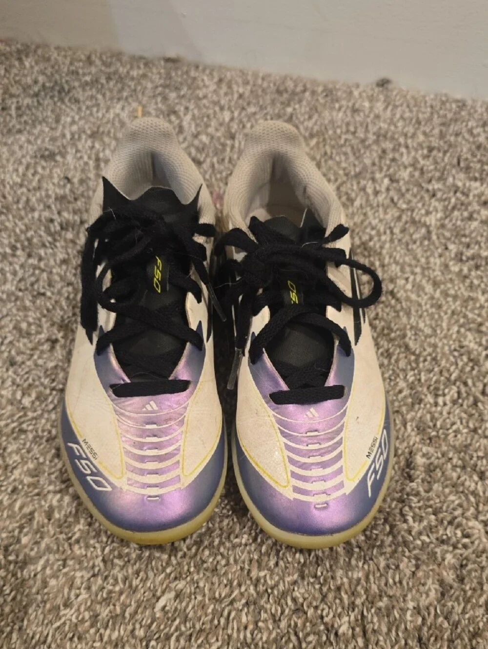 adidas Kids F50 Soccer Cleats - Cream, Black & Iridescent Purple